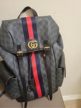 Gucci Black GG Canvas Backpack with Navy and Red Web Stripe